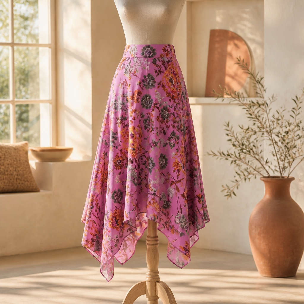 The Pink Floral Asymmetric Midi Skirt.