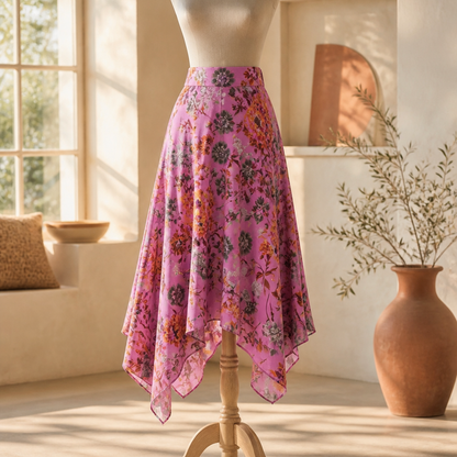The Pink Floral Asymmetric Midi Skirt.