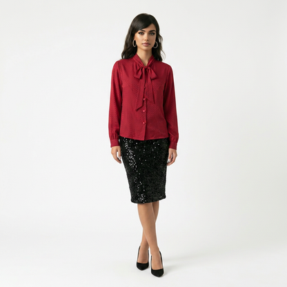The Burgundy Tie-Neck Bow Blouse.