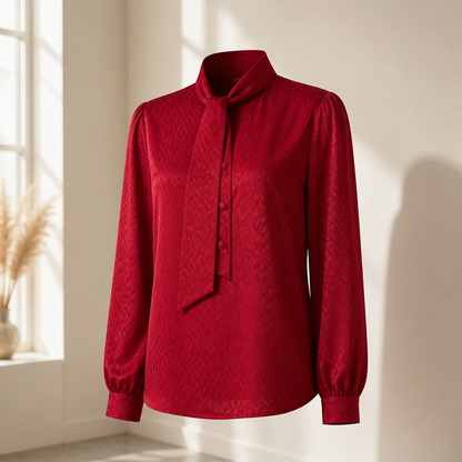 The Burgundy Tie-Neck Bow Blouse.