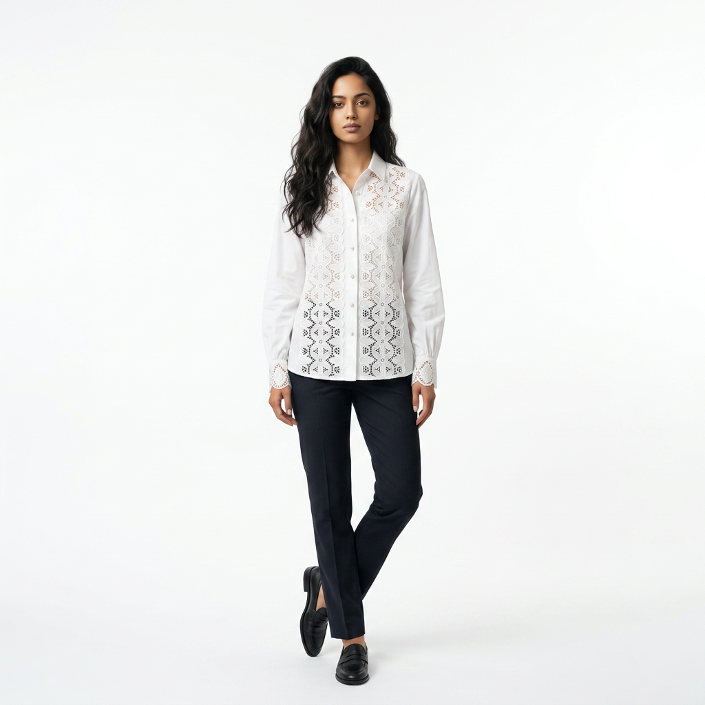 The White Lace Panel Ruffle-Cuff Blouse.