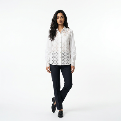 The White Lace Panel Ruffle-Cuff Blouse.