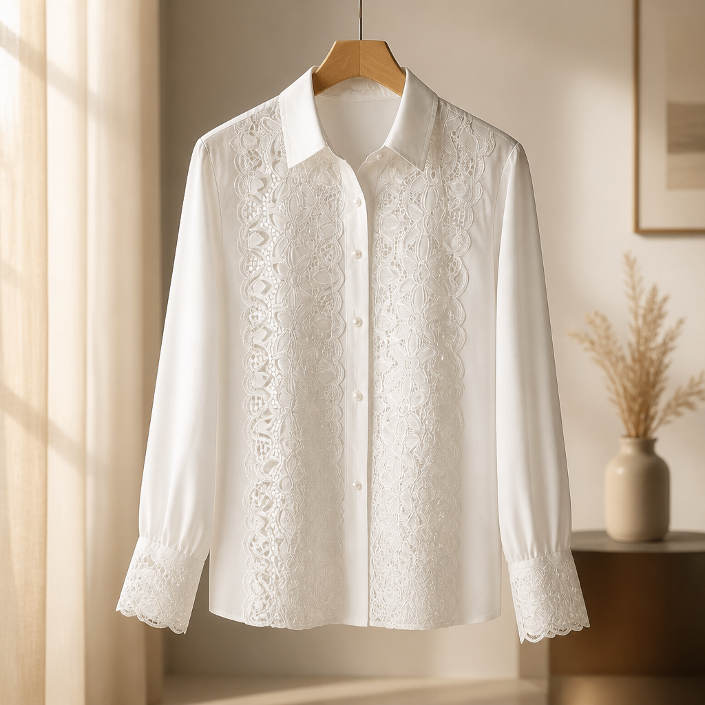 The White Lace Panel Ruffle-Cuff Blouse.