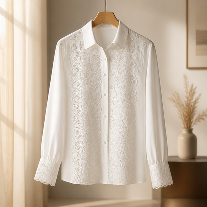 The White Lace Panel Ruffle-Cuff Blouse.