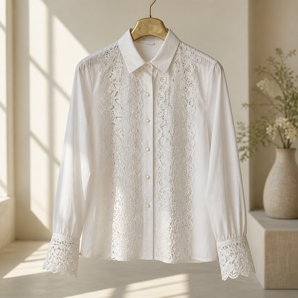 The White Lace Panel Ruffle-Cuff Blouse.