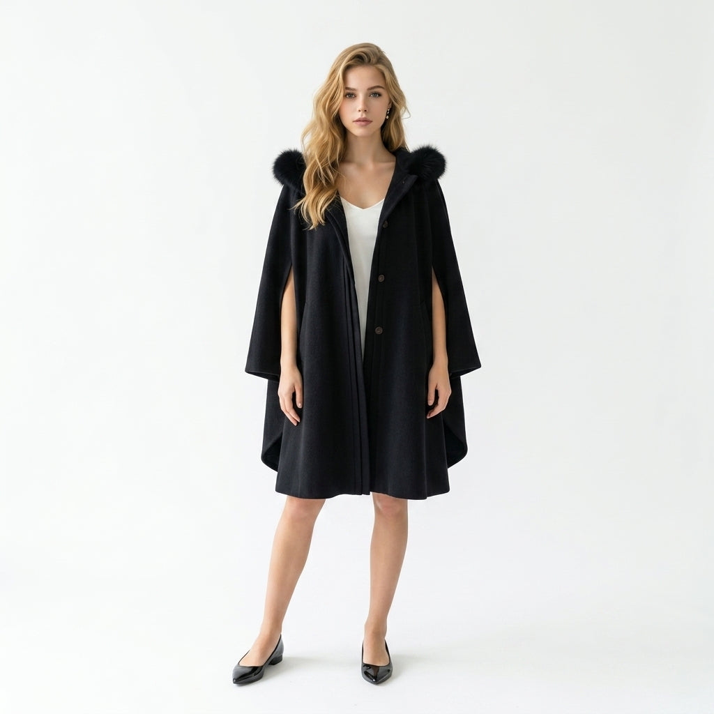 The Black Faux-Fur Collar Cape.