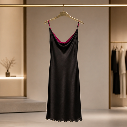 The Black Satin Cowl-Neck Slip Dress.