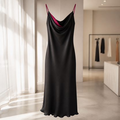 The Black Satin Cowl-Neck Slip Dress.