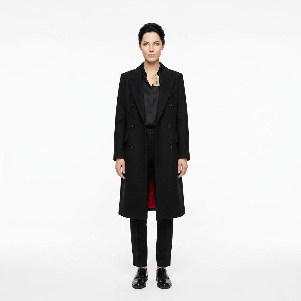 The Black Double-Breasted Overcoat with Red Lining.