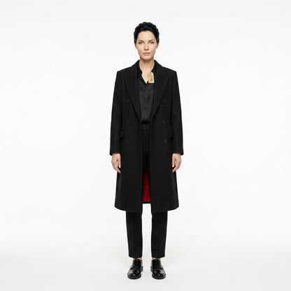 The Black Double-Breasted Overcoat with Red Lining.