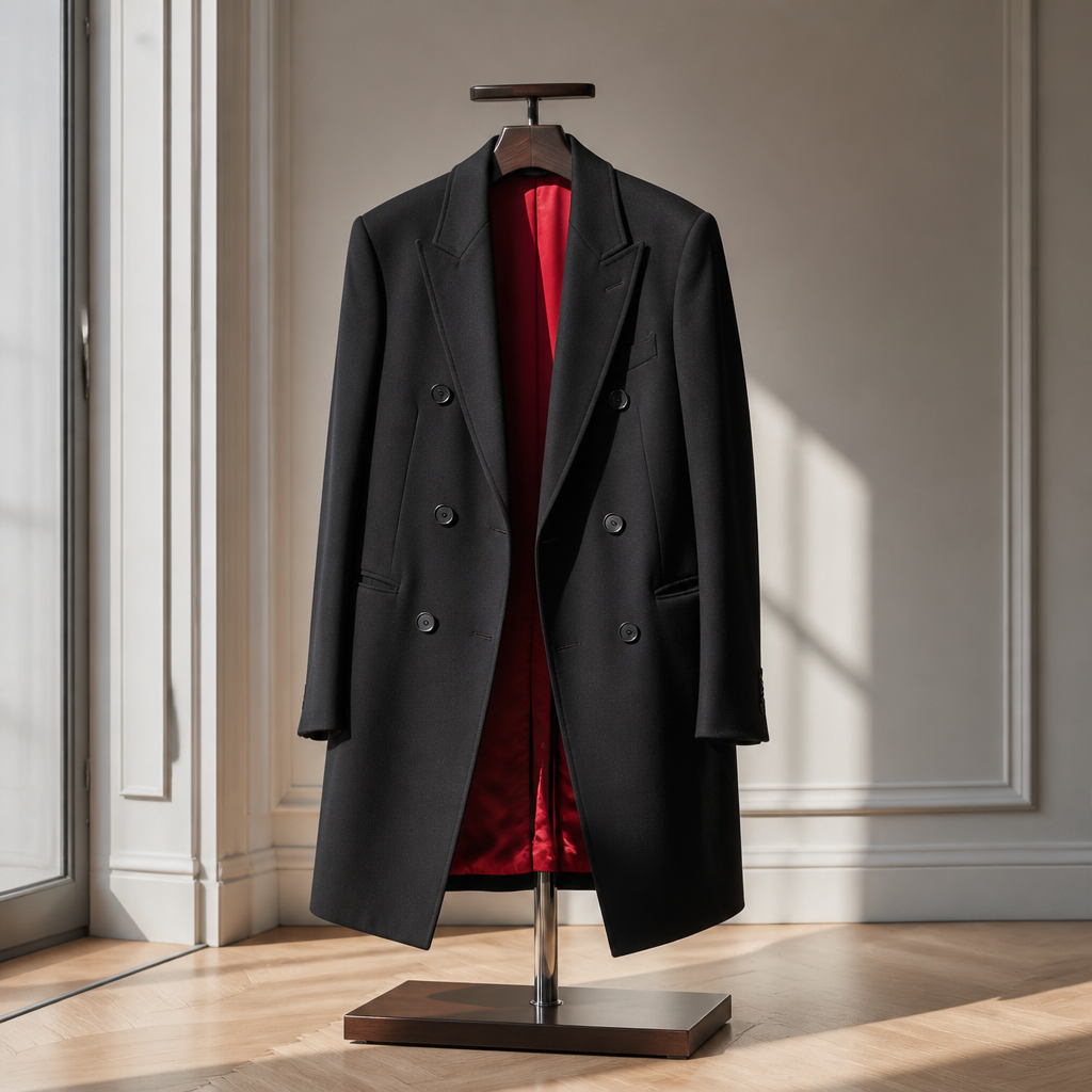 The Black Double-Breasted Overcoat with Red Lining.