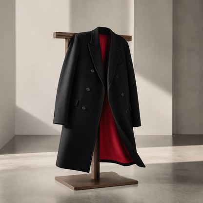 The Black Double-Breasted Overcoat with Red Lining.