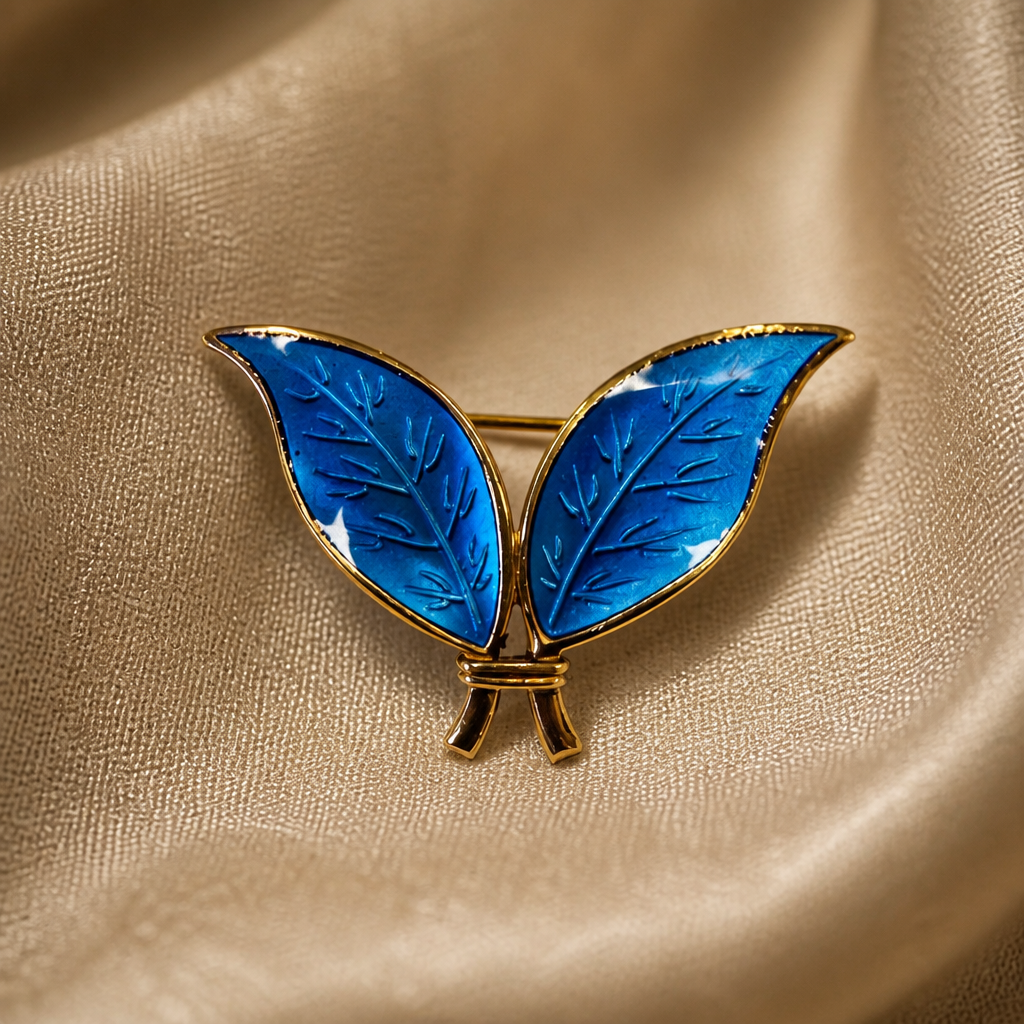 David-Andersen Norwegian Sterling Silver &amp; Blue Guilloché Enamel Double-Leaf Brooch.