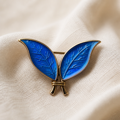 David-Andersen Norwegian Sterling Silver &amp; Blue Guilloché Enamel Double-Leaf Brooch.