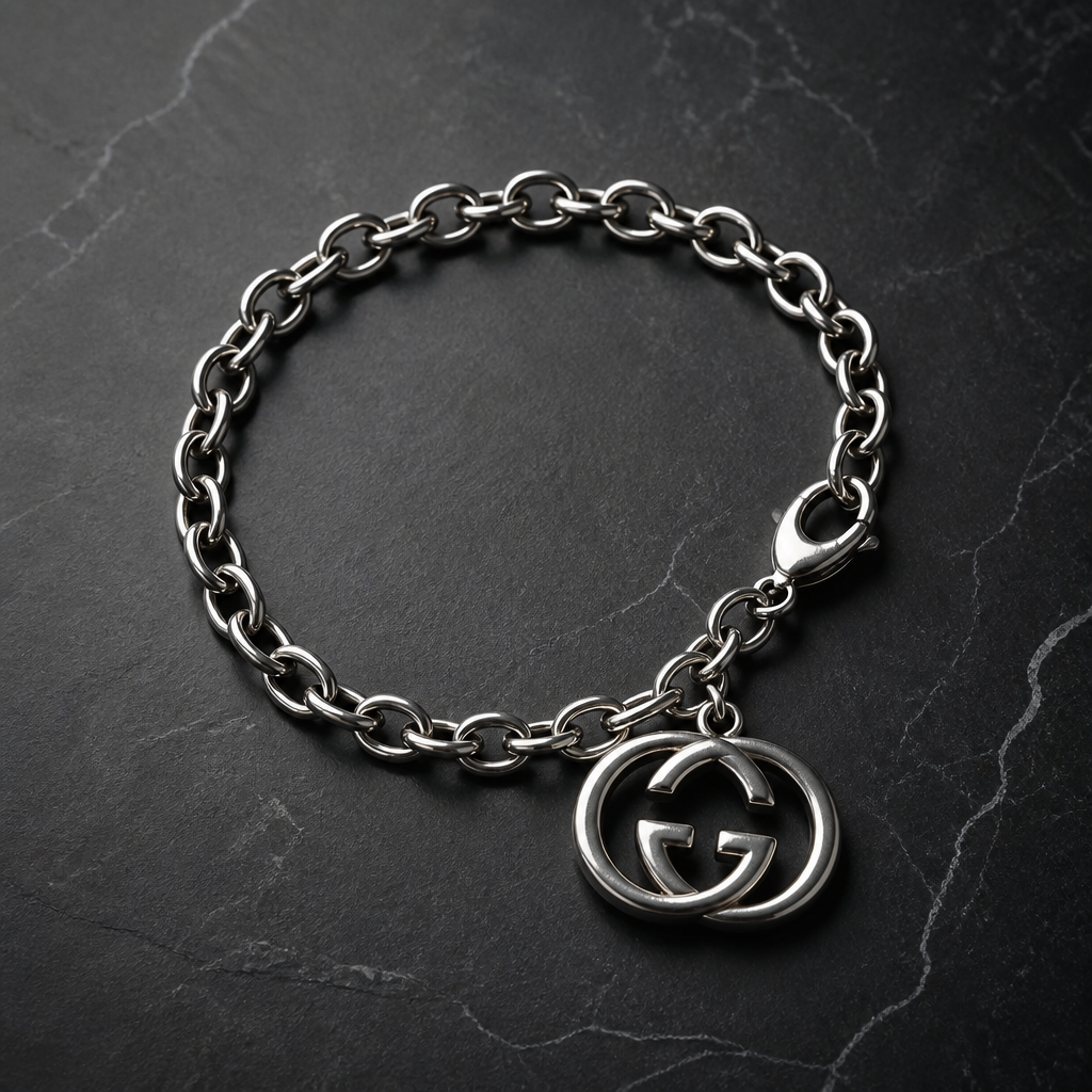 Gucci Sterling Silver Interlocking GG Chain Bracelet.