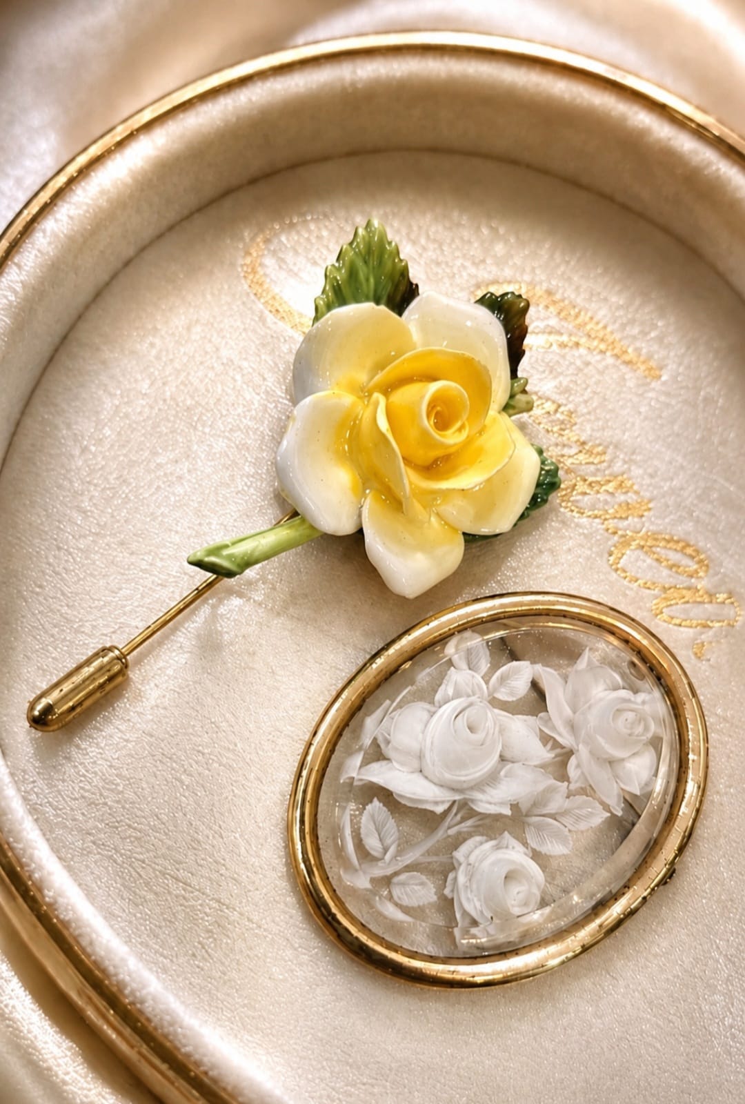 The Golden Rose Duo: Enamel Stick Pin & Intaglio Glass Brooch