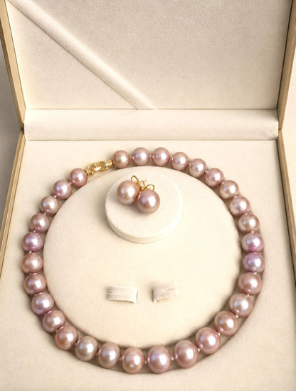 Natural Metallic Pinkish-Mauve Edison Pearl Necklace & Earring Set