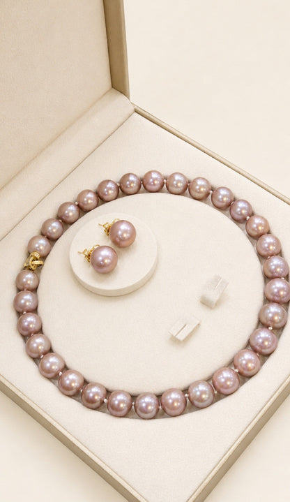 Natural Metallic Pinkish-Mauve Edison Pearl Necklace & Earring Set