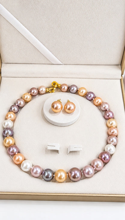 Natural Multi-Color Metallic Edison Pearl Necklace & Earring Set